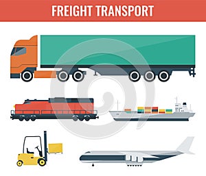 Freigh transportation icons. Truck, train, ship, airplane, forklift. Flat design. Vector