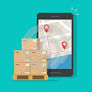 Freight or cargo delivery tracking or navigation route on mobile phone vector illustration, flat cartoon cellphone and
