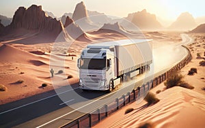 Freight cargo truck driving along the empty highway leading across the massive desert