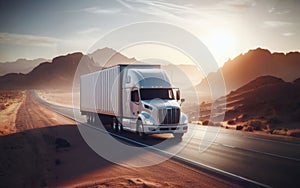 Freight cargo truck driving along the empty highway leading across the massive desert