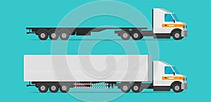 Freight cargo truck vector flat cartoon isolated, industry big long commercial lorry transport clipart, empty and loaded