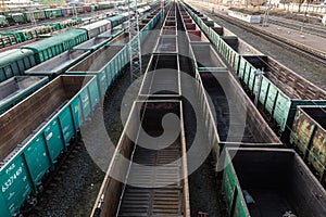 Freight cars at a large railway station. Cargo transportation and railway trains