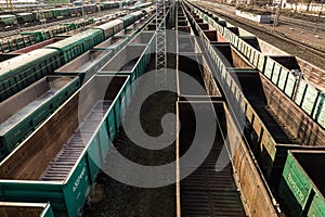 Freight cars at a large railway station. Cargo transportation and railway trains