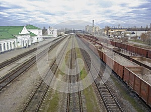 Freight cars on the railroad tracks. Tavarny transportations by trains