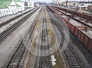 Freight cars on the railroad tracks. Tavarny transportations by trains