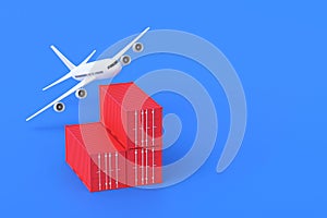 Freight container and airplane on blue background