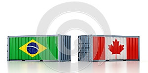 Freight container with Brazil and Canada national flag.