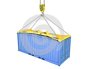Freight container hoisted on container spreader photo