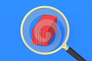 Freight container in magnifier on blue background