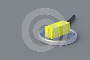 Freight container on magnifier on gray background