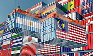 Freight containers with Argentina and Malaysia national flags.