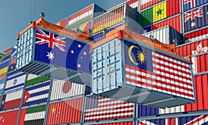 Freight containers with Australia and Malaysia national flags.