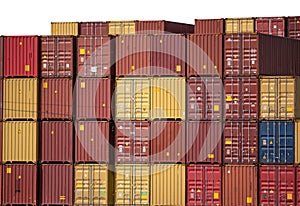 Freight containers background. Delivery and logistics of goods and trade. International sea and land transportation of
