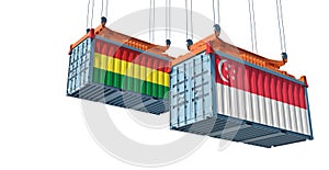 Freight containers with Bolivia and Singapore national flags.