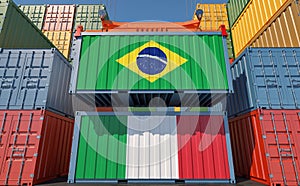 Freight containers with Brazil and Italy national flags.