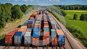 freight containers on the bridge A freight train that carries various goods across the country. The train is long and colorful,