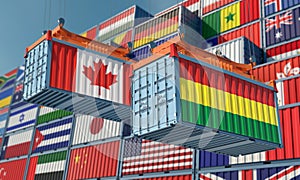 Freight containers with Canada and Bolivia national flags.
