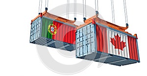 Freight containers with Canada and Portugal national flags.