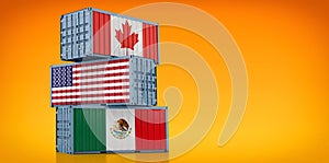 Freight containers with Canada, USA and Mexico national flags - NAFTA North American Free Trade Agreement