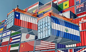 Freight containers with Chile and El Salvador national flags.