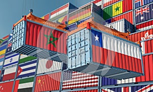 Freight containers with Chile and Morocco national flags.