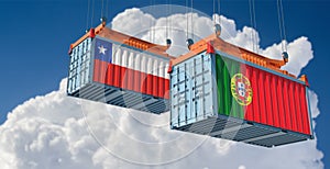 Freight containers with Chile and Portugal national flags.