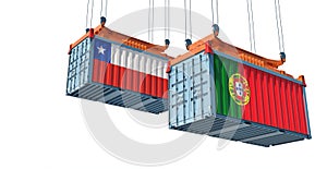 Freight containers with Chile and Portugal national flags.