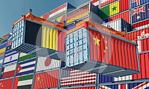 Freight containers with China and Belgium national flags.