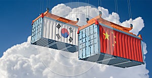 Freight containers with China and South Korea flag
