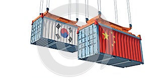 Freight containers with China and South Korea flag.