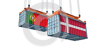 Freight containers with Denmark and Portugal national flags.