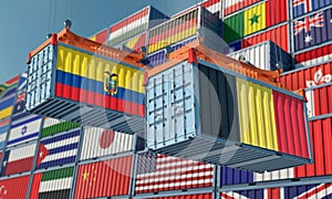Freight containers with Ecuador and Belgium national flags.