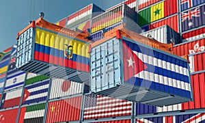 Freight containers with Ecuador and Cuba flag.