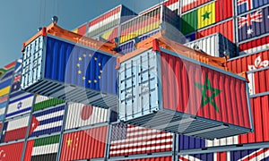 Freight containers with European Union and Morocco national flags.