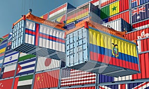 Freight containers with Faroe Islands and Ecuador national flags.