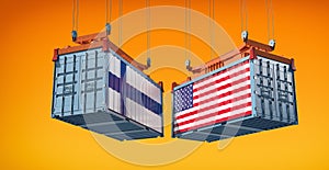 Freight containers with Finland and USA flag.