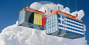 Freight containers with Greece and Belgium national flags.