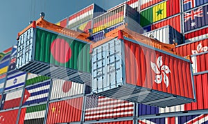 Freight containers with Hong Kong and Bangladesh flag.