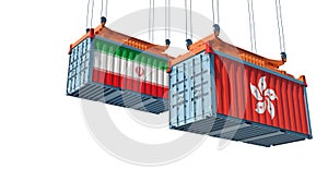 Freight containers with Hong Kong and Iran national flags.