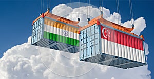 Freight containers with India and Singapore national flags.