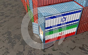 Freight containers with Iran and israel flag.