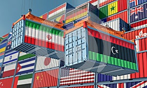 Freight containers with Iran and Libya national flags.