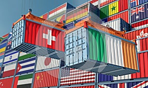 Freight containers with Ireland and Switzerland national flags.