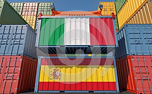 Freight containers with Italy and Spain national flags.