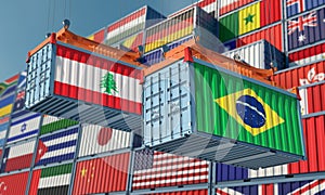Freight containers with Lebanon and Brazil flag.