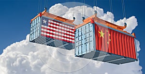 Freight containers with Liberia and China national flags.
