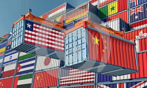 Freight containers with Liberia and China national flags.