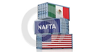 Freight containers with Mexico and USA national flags and one with the word NAFTA North American Free Trade Agreement