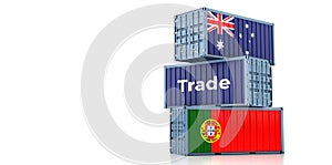 Freight containers with Portugal and Australia national flags.
