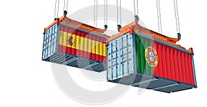 Freight containers with Spain and Portugal national flags.